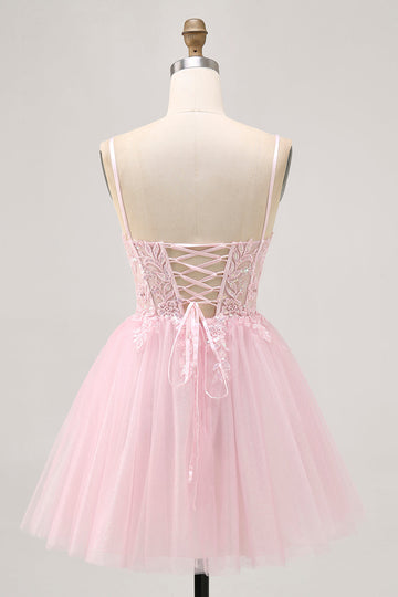 Pink A Line Corset Tulle Short Homecoming Dress with Appliques